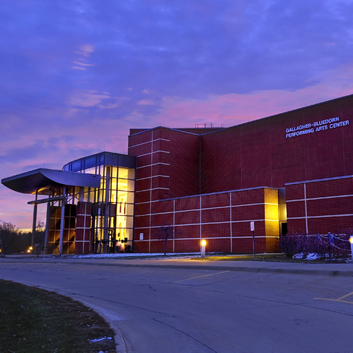 Exterior shot of the Gallagher Bluedorn Performing Arts Center
