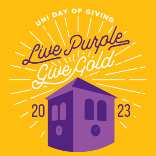 UNI Day of Giving Live Purple Give Gold 2023 gold and purple graphic