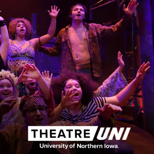 Actors with "Theatre UNI, University of Northern Iowa" logo